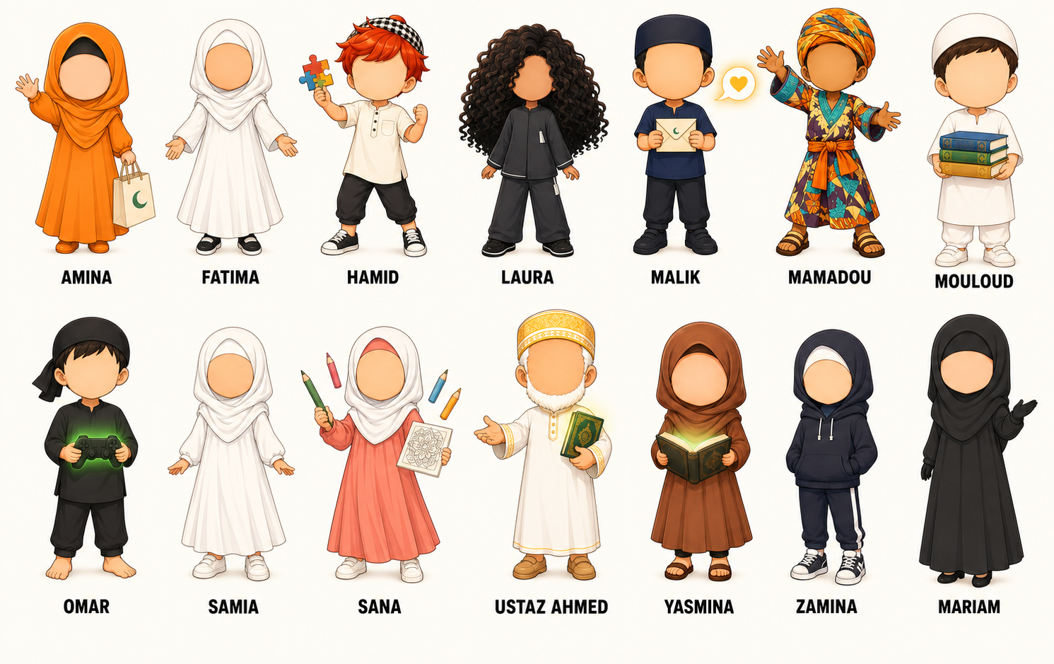 Official model sheet of the 14 Animuslim characters